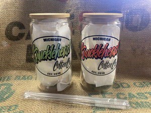 Custom printed glass can with bamboo top and straw