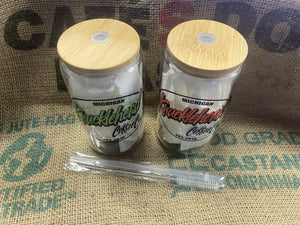 Custom printed glass can with bamboo top and straw